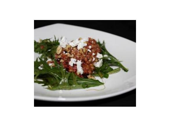 Beetroot Barley Risotto with Goats Curd 