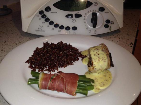  Pork Tenderloins Stuffed with Dried Prunes with Red Rice and Green bean bundles