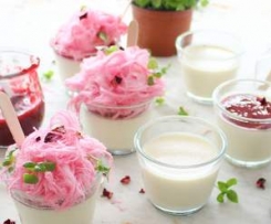 Vanilla bean panna cotta with raspberry rosewater coulis