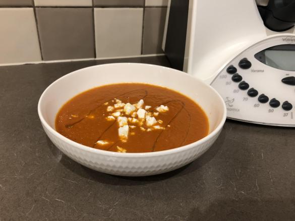 Roasted Capsicum and Tomato soup with Goats Cheese