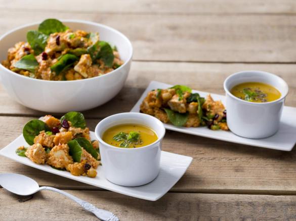 Moroccan chicken and couscous salad with sweet potato soup