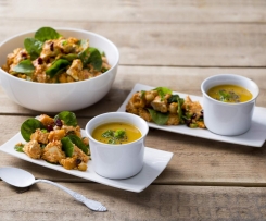 Moroccan chicken and couscous salad with sweet potato soup