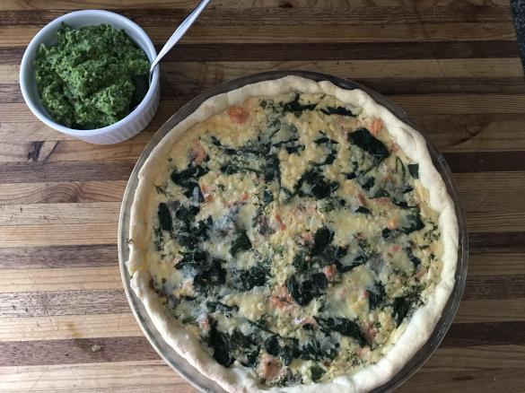 Salmon and Spinach Quiche with Pea Pesto