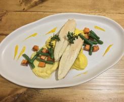 Steamed chicken breast, fresh ground polenta, pumpkin foam