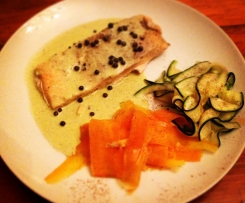 Steamed Salmon with Green Peppercorn sauce and Vegetables