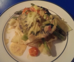 Field mushrooms with pasta and creamy bacon sauce