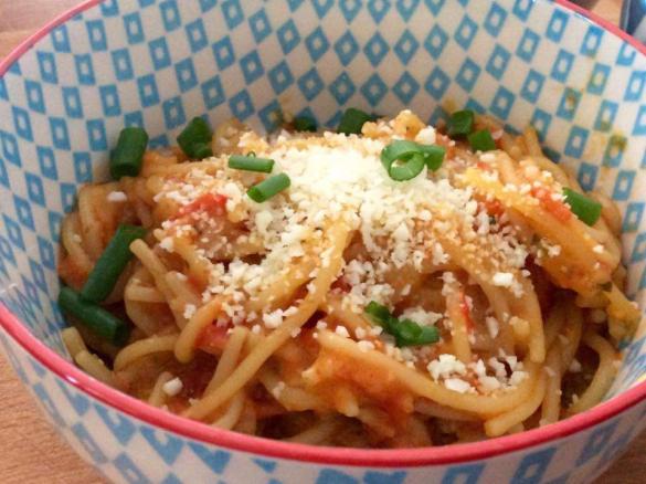 Creamy chicken tomato spaghetti.
