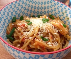 Creamy chicken tomato spaghetti.