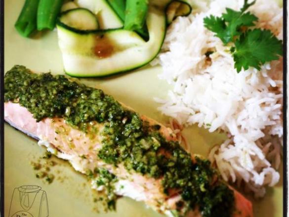 Asian style salmon with Coriander Cashew Pesto & Coconut Rice
