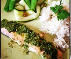 Asian style salmon with Coriander Cashew Pesto & Coconut Rice