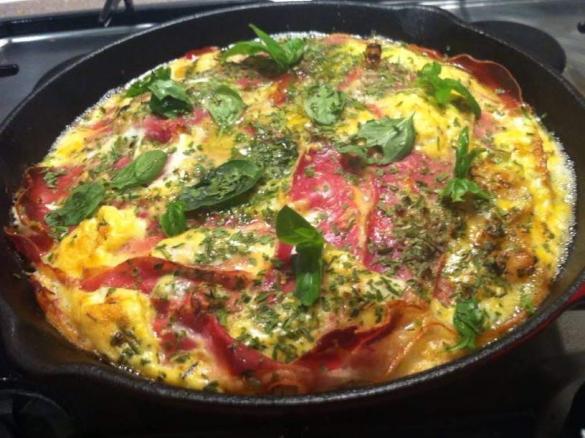 Goats cheese, sundried tomato and proscuitto frittata