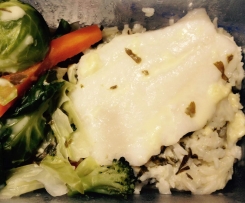 Lemon fish with rice and steamed vegetables