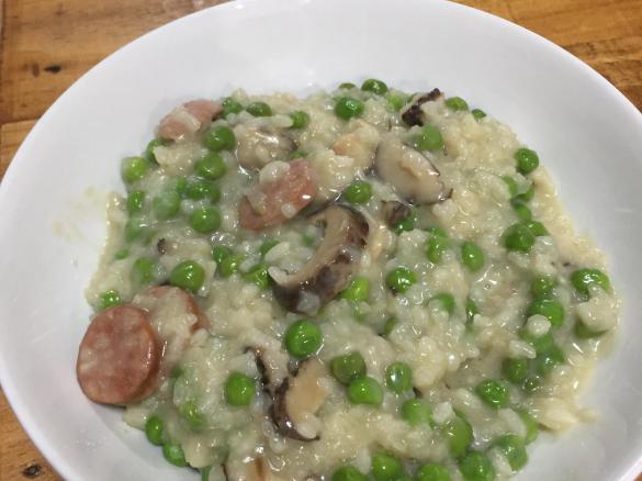 Chorizo and Mushroom Risotto with Green Peas