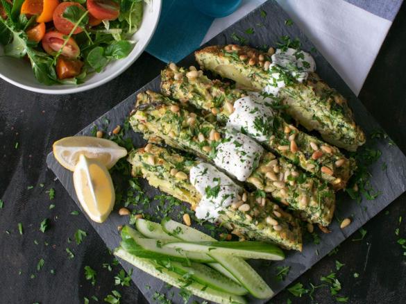 Zucchini Slice with baby spinach and potato