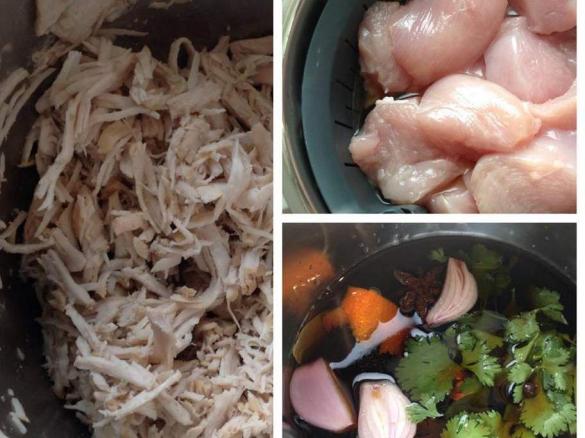 SHREDDED CHICKEN POACHED IN MASTER STOCK & SERVED AS; SAN CHOY BAU WITH GINGER INFUSED SOY SAUCE