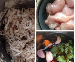 SHREDDED CHICKEN POACHED IN MASTER STOCK & SERVED AS; SAN CHOY BAU WITH GINGER INFUSED SOY SAUCE