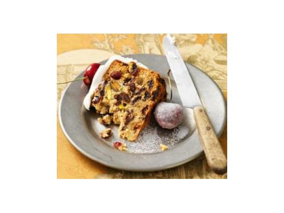 Cranberry, Sultana, Fig and Pistachio Cake with Sugared Cherries