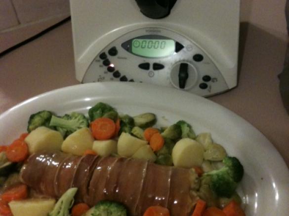 Proscuitto Wrapped Chicken Loaf with Orange Sauce and Spring Vegetables