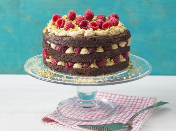 Vegan chocolate, raspberry and pistachio layer cake