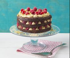 Vegan chocolate, raspberry and pistachio layer cake