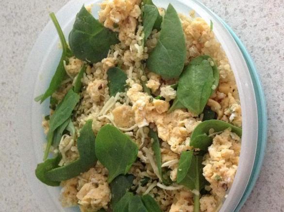 Coconut, curry quinoa, egg and spinach mix