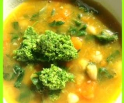 sweet potato white bean soup with walnut sage pesto