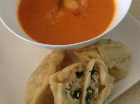 Prawn dumplings with tomato prawn soup