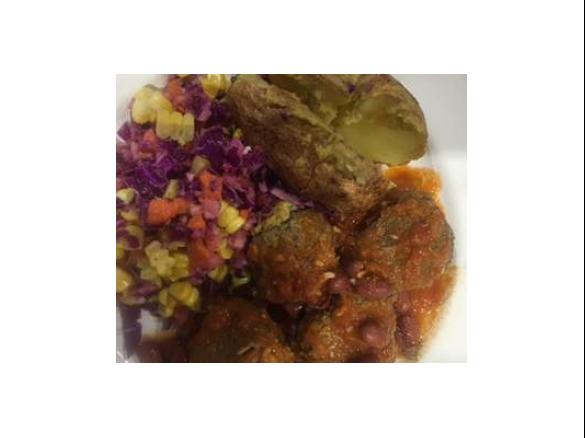 Mexican Meatballs, tomato sauce, baked potato and coleslaw