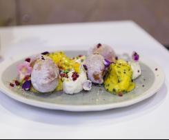 Summer Italian donuts with passionfruit curd, whipped ricotta, spiced sugar, passionfruit gelato, pistachio and freeze dried raspberry crumble - Dominique Rizzo