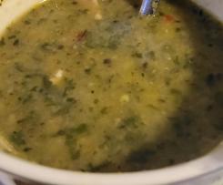 Extra greens version of "hug in a mug" chicken soup