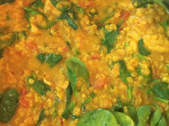 Tomato, lentil and fish dahl
