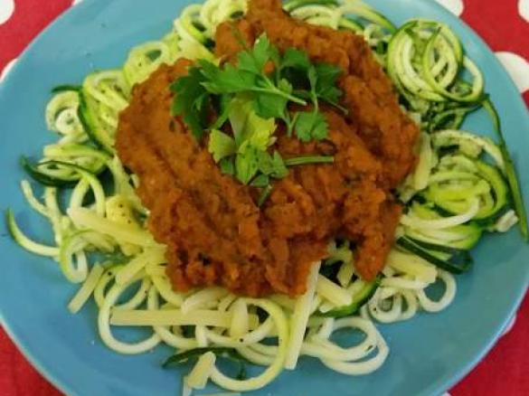 Spiral zucchini with sweet potato and pumpkin sauce