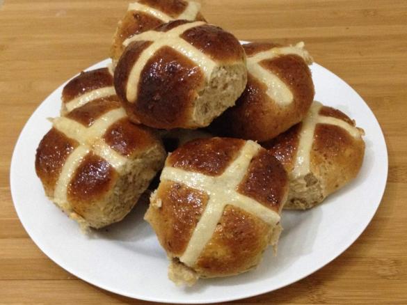 TRIPLE CHOCOLATE HOT CROSS BUNS WITH VANILLA GLAZED 