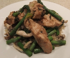 Miso steamed chicken with asparagus and oyster mushrooms