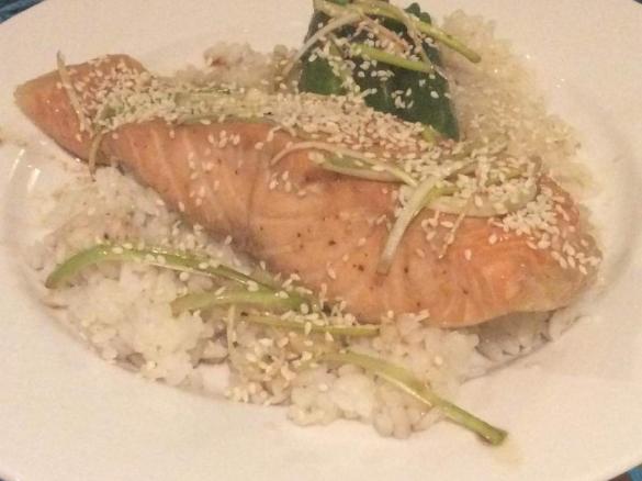 Steamed honey soy salmon & sushi rice