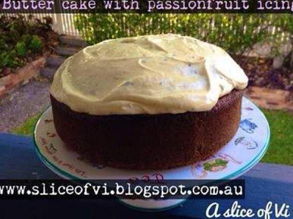 Butter cake with passionfruit cream cheese icing