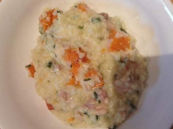 Roasted pumpkin, chicken and baby spinach risotto