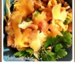 Creamy mustard chicken spaghetti with bacon and peas