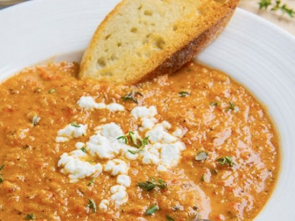 Creamy red capsicum & cauliflower soup with goats cheese