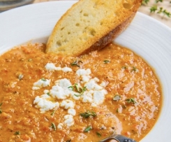 Creamy red capsicum & cauliflower soup with goats cheese