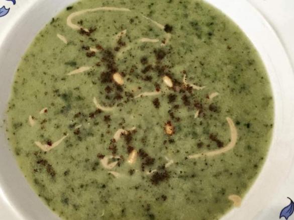 DLT broccoli soup with Tahini and pinenut Zaatar crumb