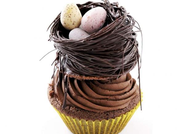 Chocolate Cupcakes decorated with a chocolate nest and Easter eggs
