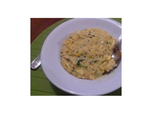 Chicken, pumpkin and spinach risotto with feta cheese