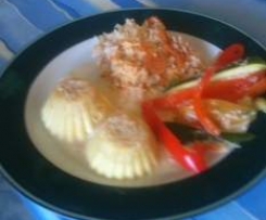 Steamed cheese pudding with rice capsicum and sauce