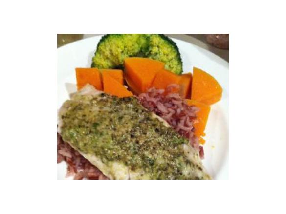 Basil Pesto Steamed Fish and wild rice