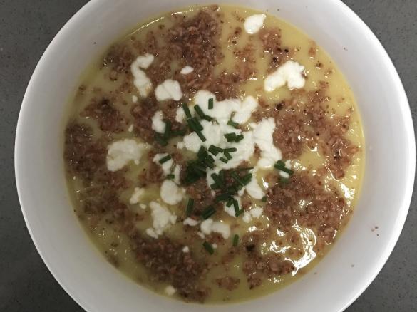 Cauliflower, Zucchini & Leek Soup with Bacon Dust & Goats Cheese
