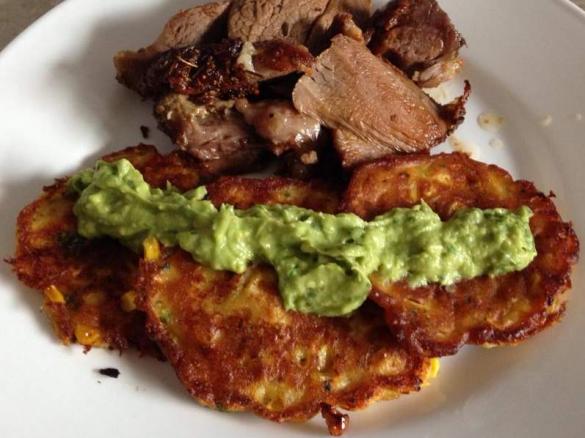 Gluten free corn fritters with avocado dressing