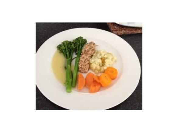 Dukkah Salmon with cauliflower rice and parsnip puree