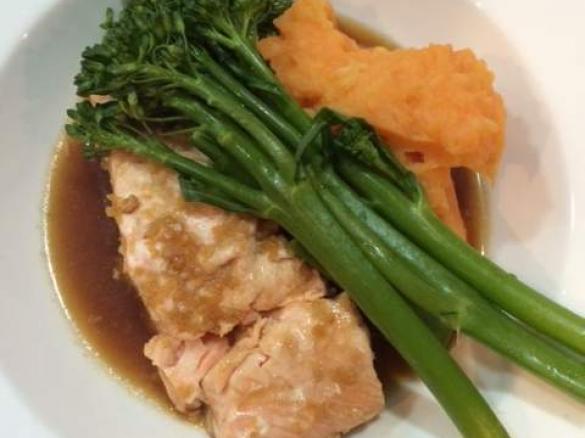 Salmon with mash, broccolini and asian inspired sauce
