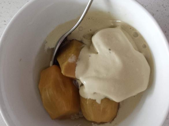Poached feijoas with licorice ice cream